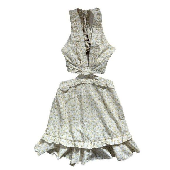 Mable Lexi Lace Up Yellow Floral Ruffle Cut Out Mini Dress Sz M - Picture 6 of 9